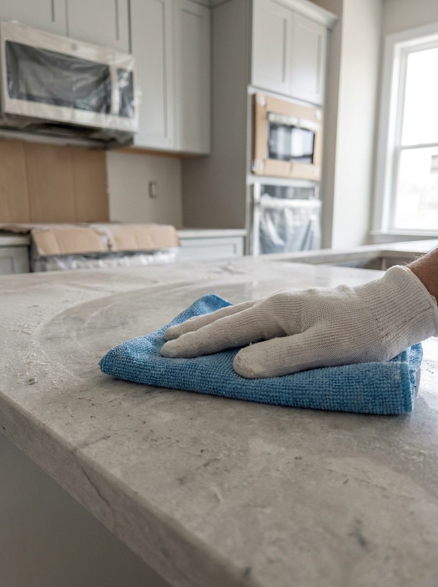 Nettoyage de finition au chiffon microfibre d’une cuisine neuve avant remise des clés