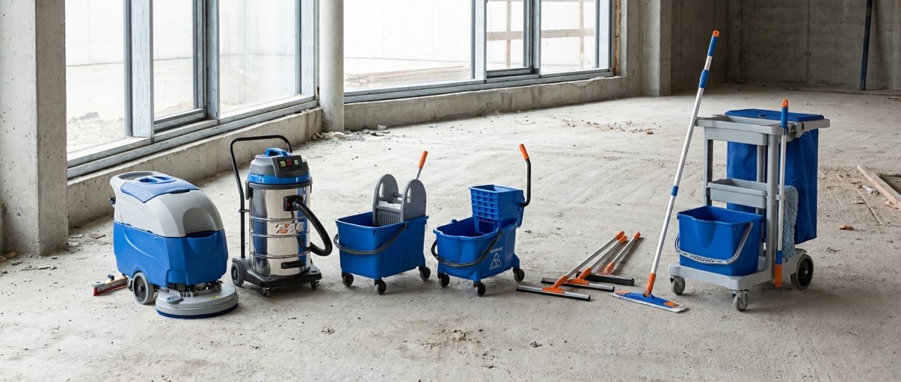Matériel professionnel de remise en état aligné dans un local en travaux