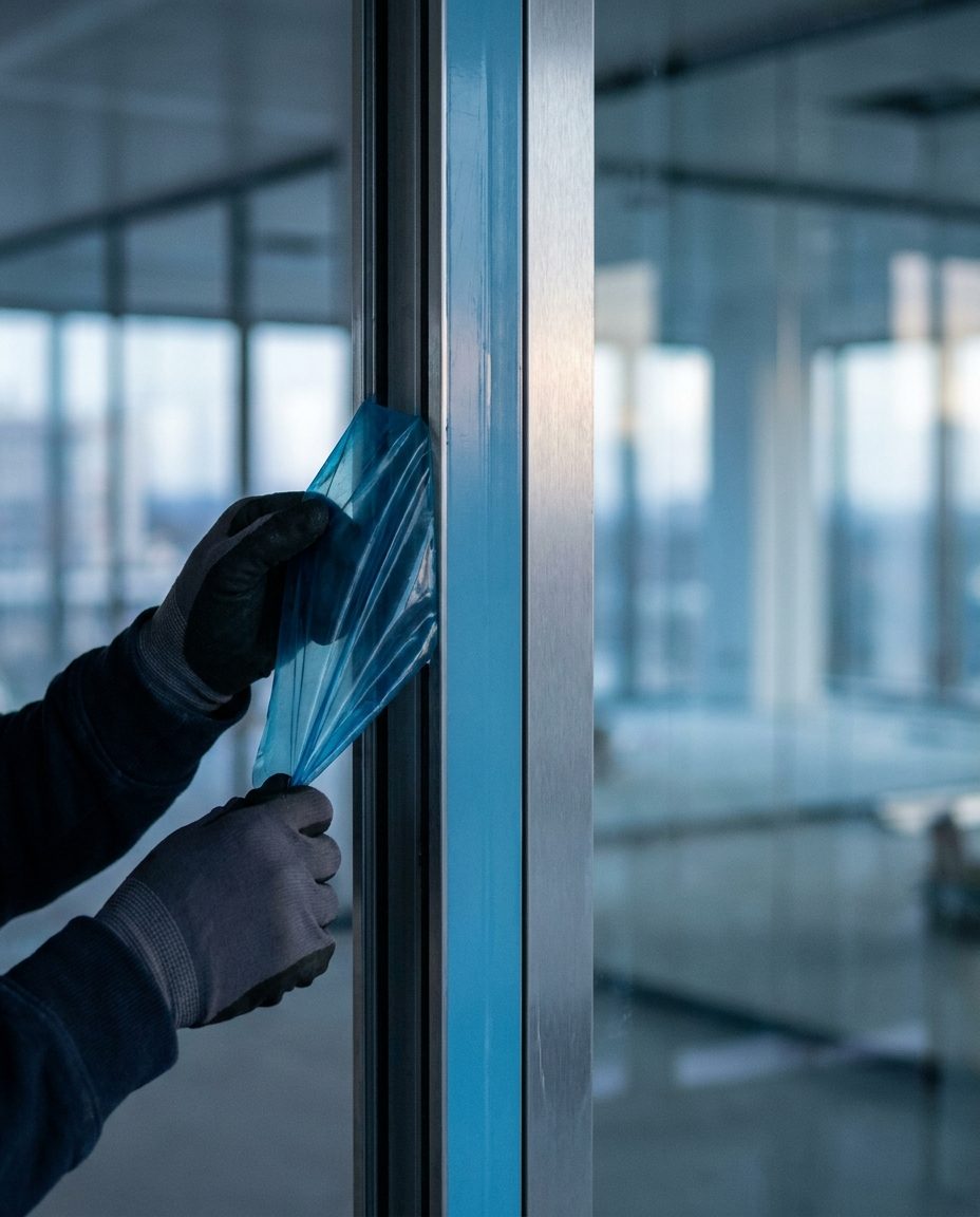 Retrait du film de protection d’une menuiserie en aluminium neuve