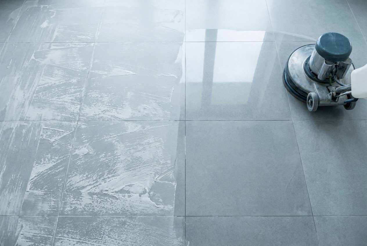 Comparaison entre un carrelage couvert de laitance de ciment et un carrelage nettoyé
